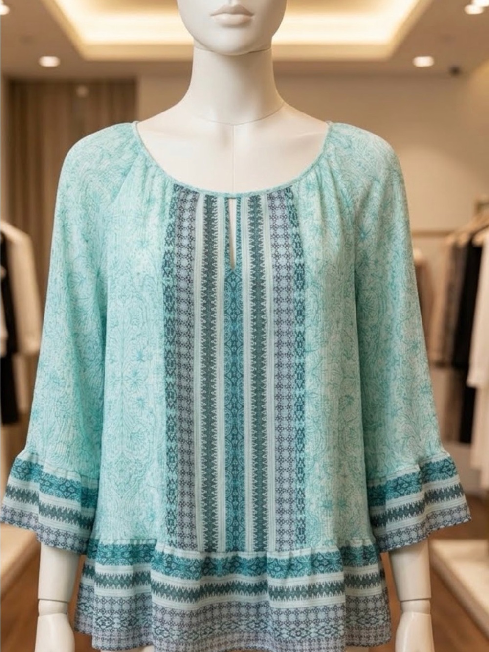 St. John's Bay Teal and Navy Patterned Blouse